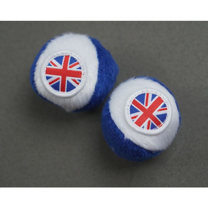 Two cat balls with Union Jacks on each side