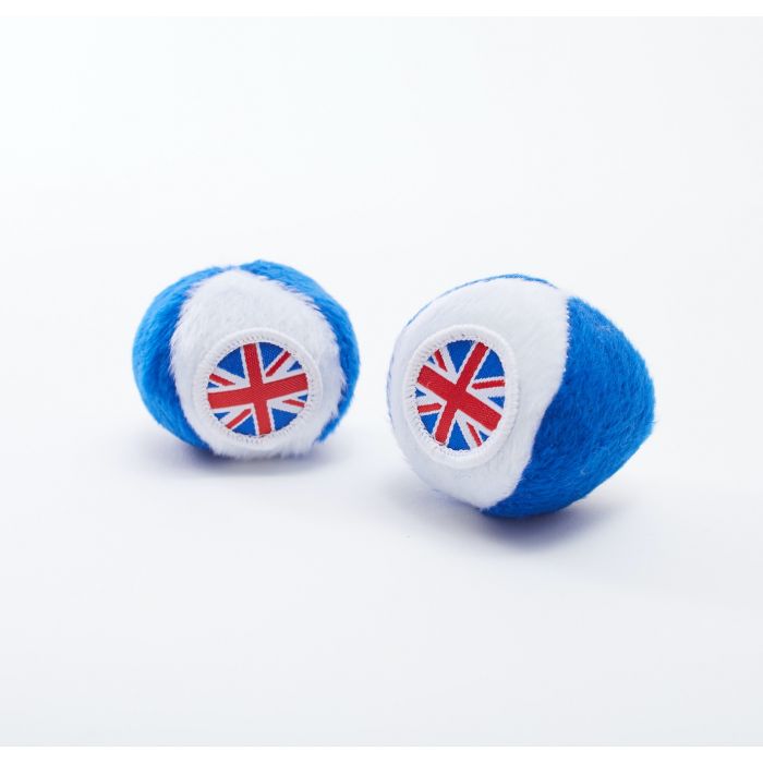 Two balls a cat would play with showing a Union Jack on each side