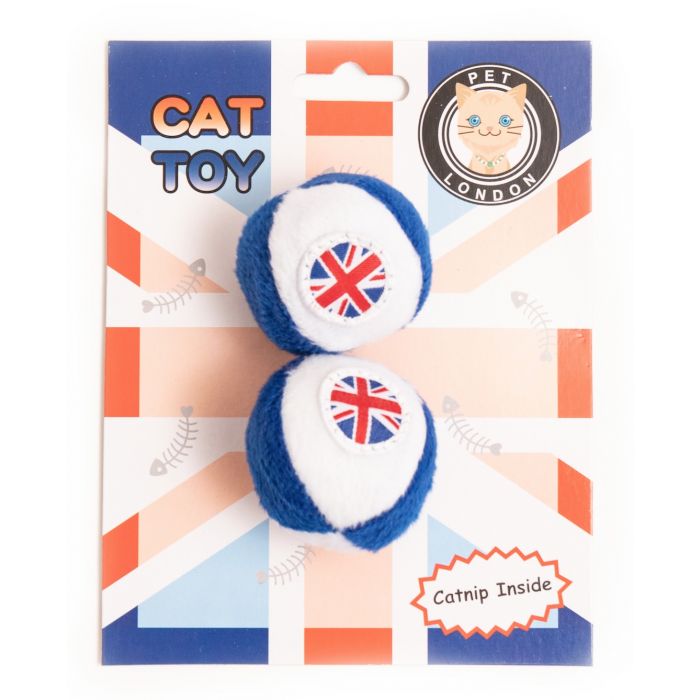 Two balls with Union Jacks on each side that a cat would play with