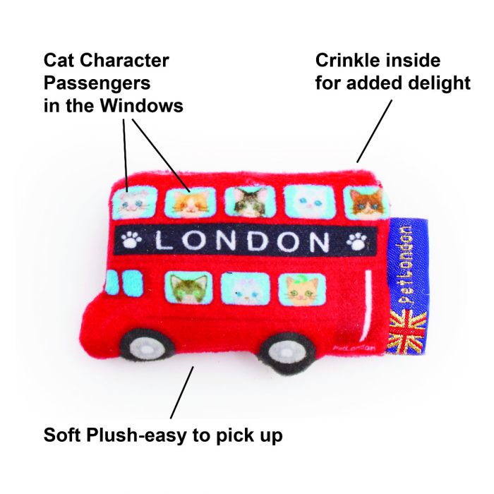 The product features of a cat toy that looks like a London bus