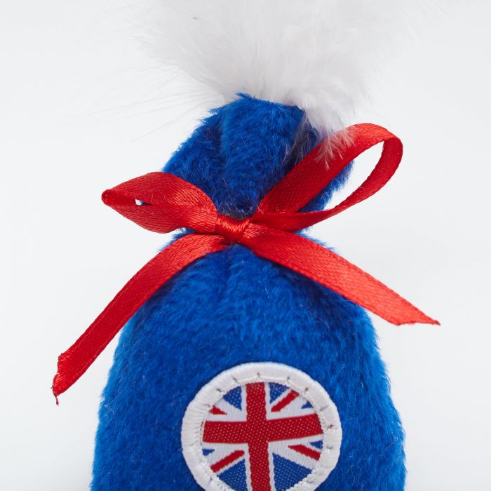 A cat toy in the shape of a sac with British design and Union Jack