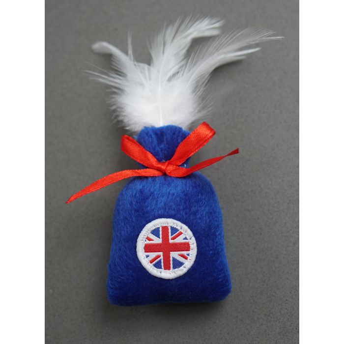 An aerial shot of a catnip sac toy for cats with British design on it