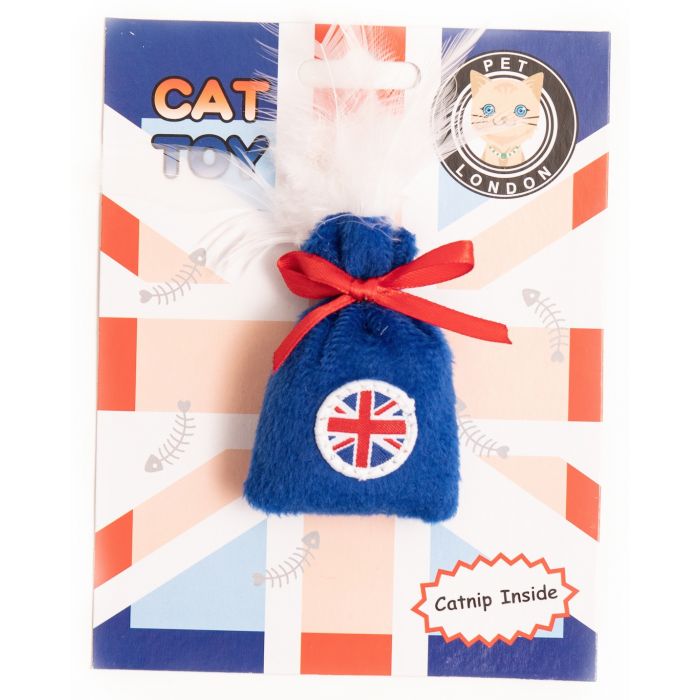 A catnip sac cat toy with union jack on it and packaging showing