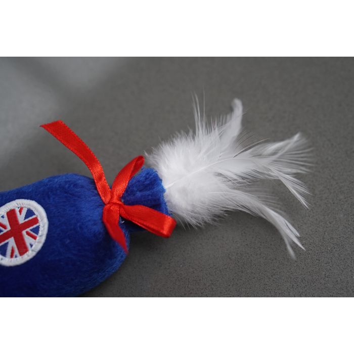 A catnip sac toy for cats in blue with a British design on it