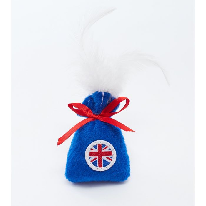 A blue sac cat toy with a union jack on it