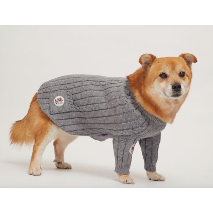 A dog models a charcoal sweater from the side