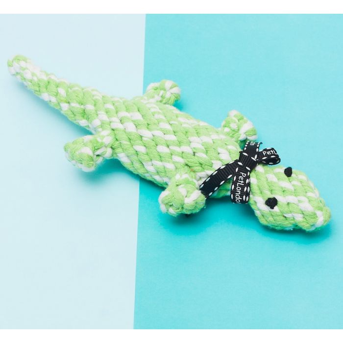 A lizard shaped dog toy made out of rope