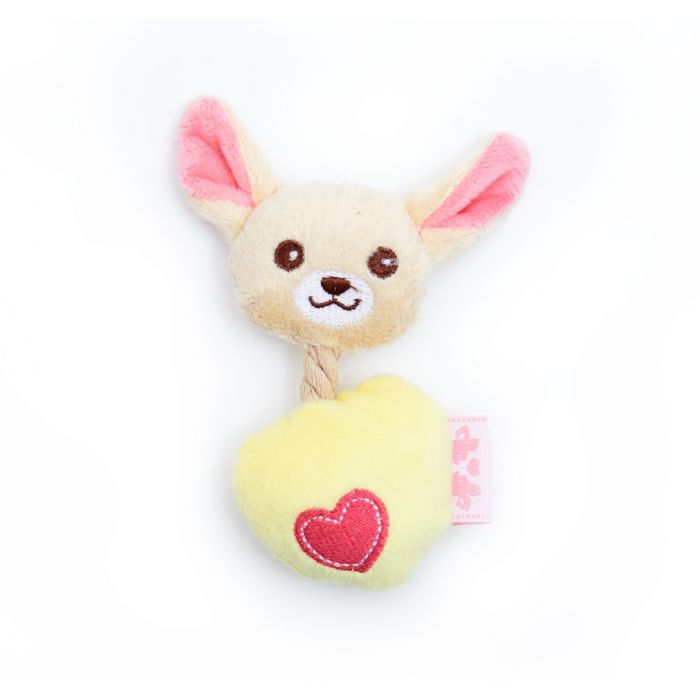 A small breed dog toy that looks like a Chihuahua with a rope neck