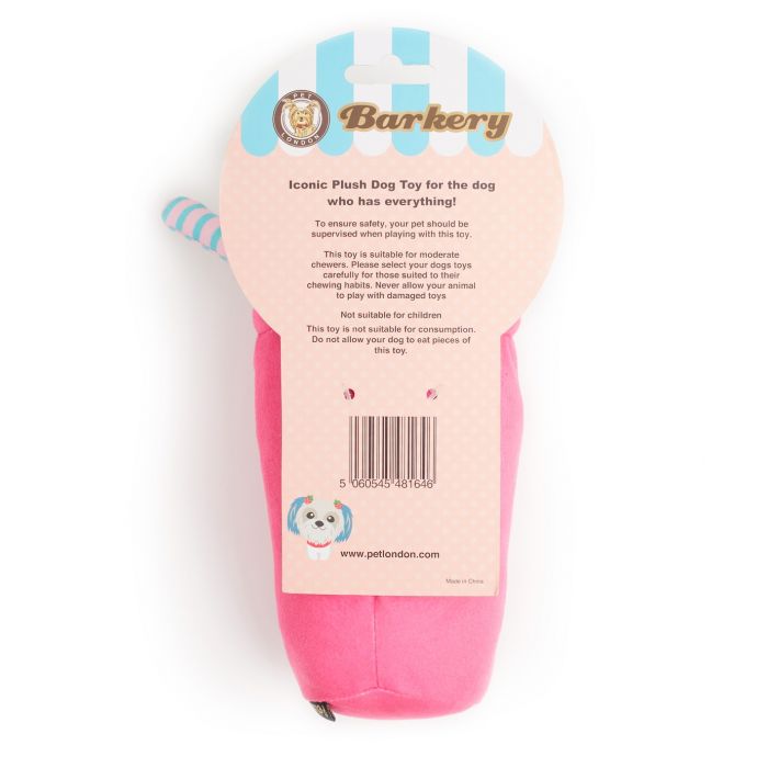 The back label showing on a milkshake dog toy