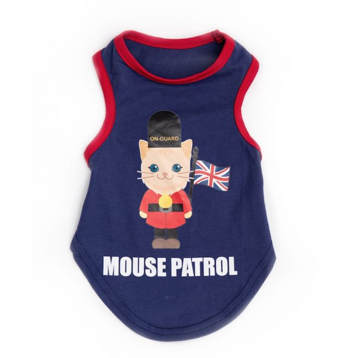 A tank top for a cat that says mouse patrol on it and features a British guard 