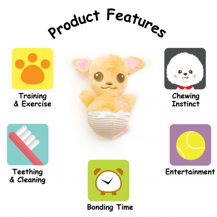 The product features of a dog toy that looks like a Chihuahua