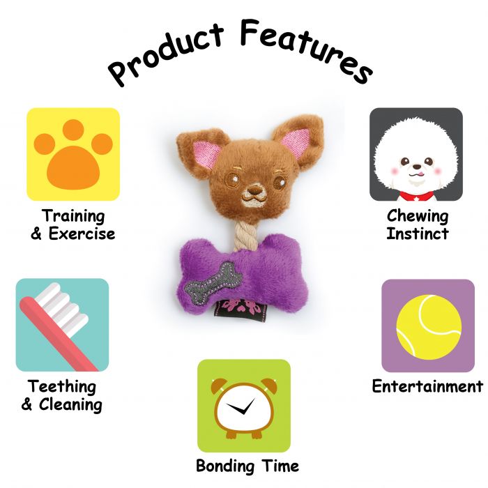 The product features of a dog toy that looks like a Chihuahua