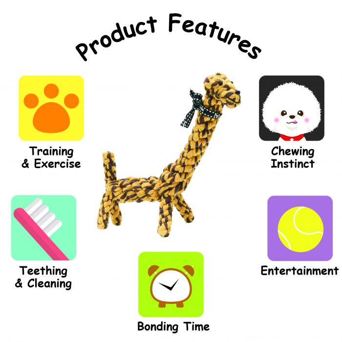 The product features of a giraffe rope dog toy