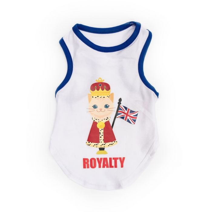 A tank top for cats with a royal cat on the front and Union Jack